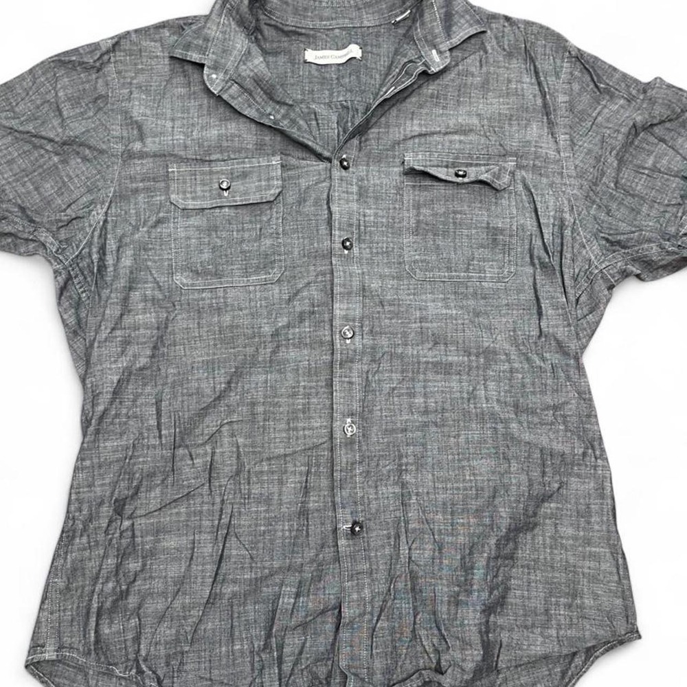 James Campbell gray button-up shirt with subtle checkered pattern 100% cotton